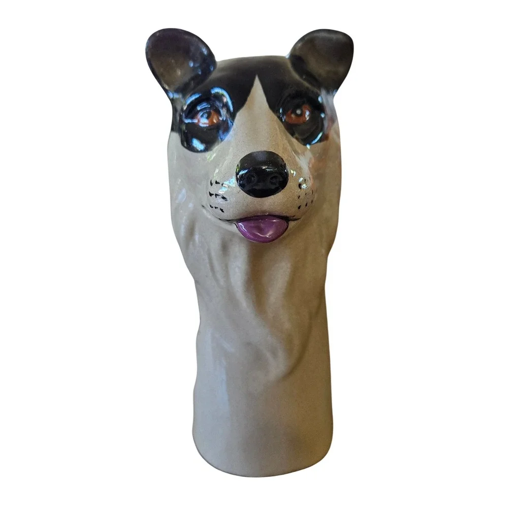Kitschy Hand Painted Ceramic Dog Head Bud Vase Border Collie Figurine Glossy 7